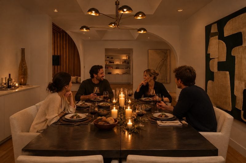 Four friends at a candlelit Thanksgiving dinner in a dining room with arched walls